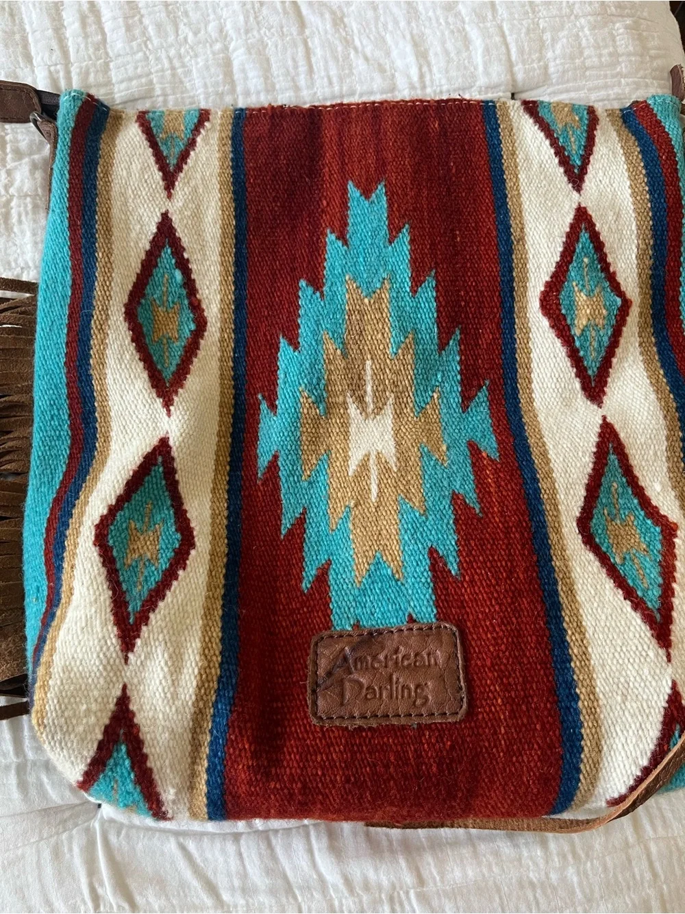 American Darling Southwestern Saddle Blanket Leather Fringe Crossbody Bag